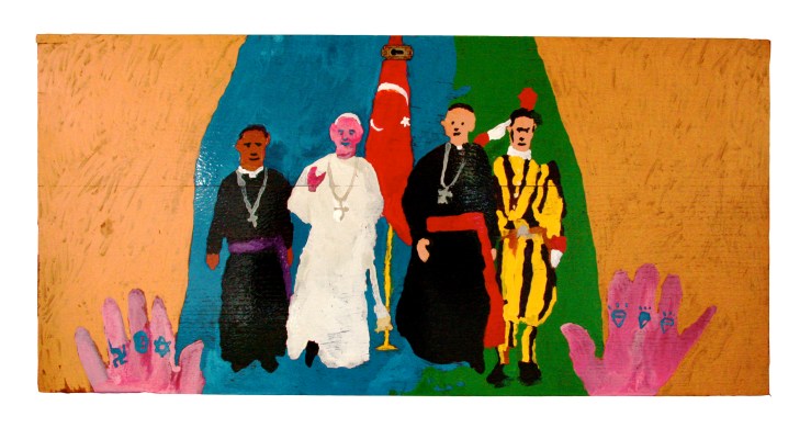 The Pope in Turkey, 2014, 82x39cm, humbrol on wooden panel